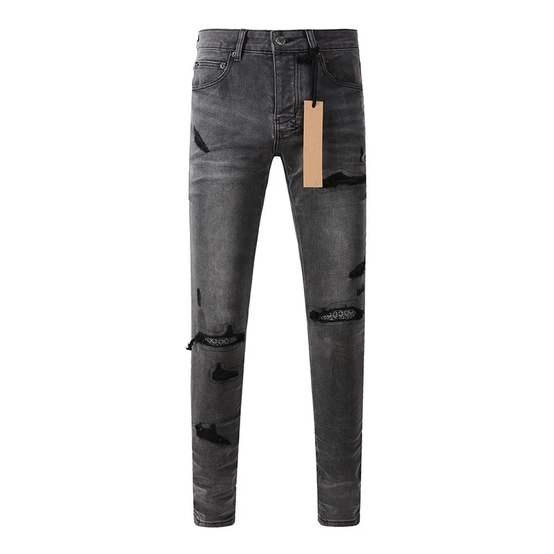Distressed Jean Rip - กางเกงยีนส์ผู้ชายทรงสกินนี่สีเทาอมเทาแบบขาดๆ แต่งรอยขาด แต่งกระดุม ผ้าคุณภาพดี