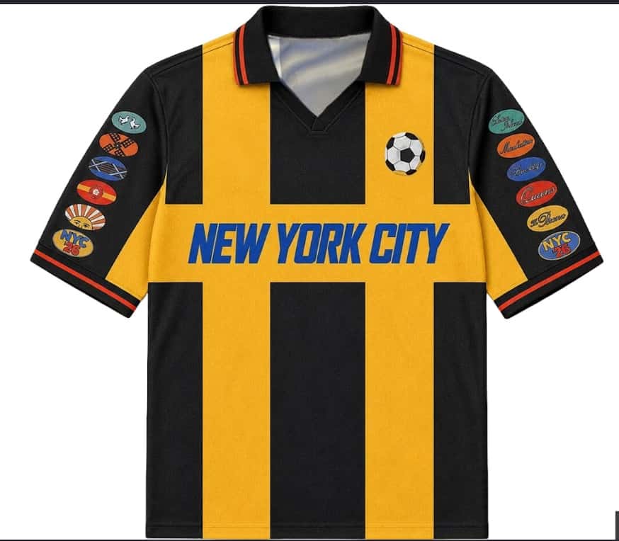 Street Fashion Nyc - เสื้อฟุตบอลสไตล์เรโทร NYC 26 Boroughs Patch สีน้ำเงิน-ส้ม