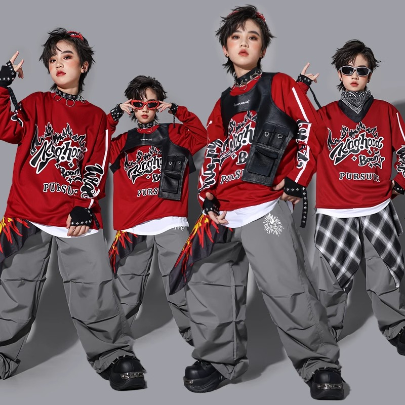 Street Fashion Show - เสื้อสเวตเชิ้ต K-pop สำหรับเด็กผู้ชาย เสื้อกั๊กแฟชั่น กางเกงหลวม ชุดฮิปฮอป