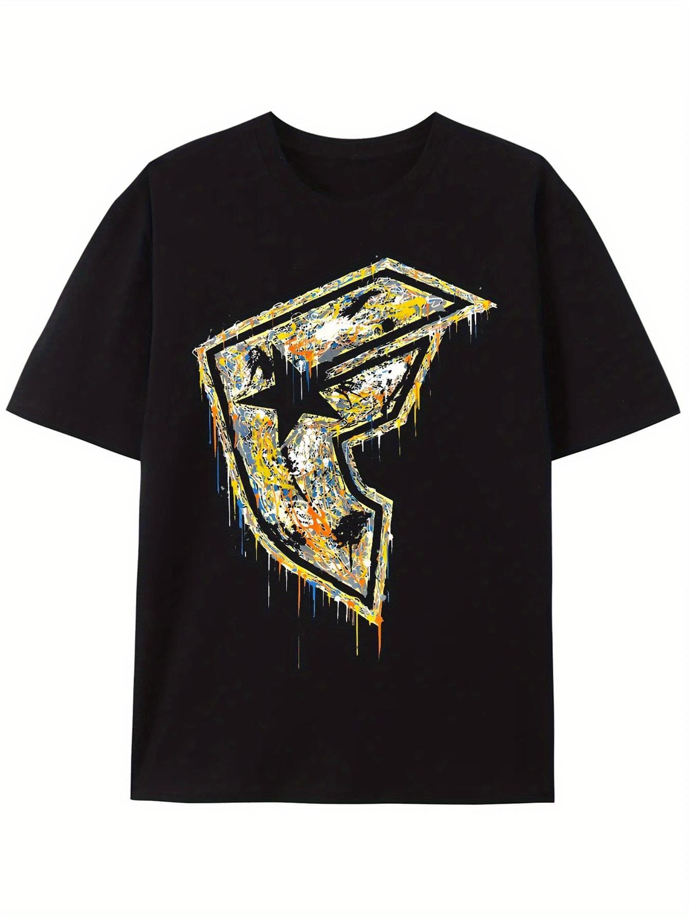 Street Fashion Essentials - เสื้อยืดพิมพ์ลายเรโทร Y2K ไซส์ใหญ่สำหรับผู้ชาย สีดำลายโลโก้ทรงเรขาคณิตแบบหยดสี - ทรงปกติ