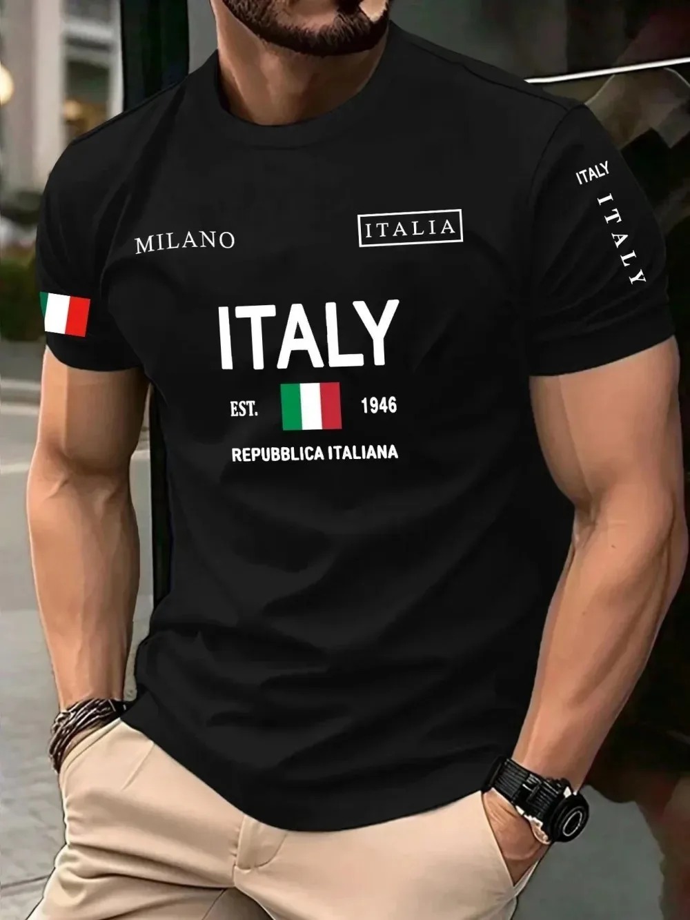 Street Fashion In Milan - เสื้อยืดผู้ชายพิมพ์ลาย 3D สไตล์ยุโรป-อเมริกัน แฟชั่นอินเทรนด์ ลายตัวอักษรมิลาน แห้งเร็ว