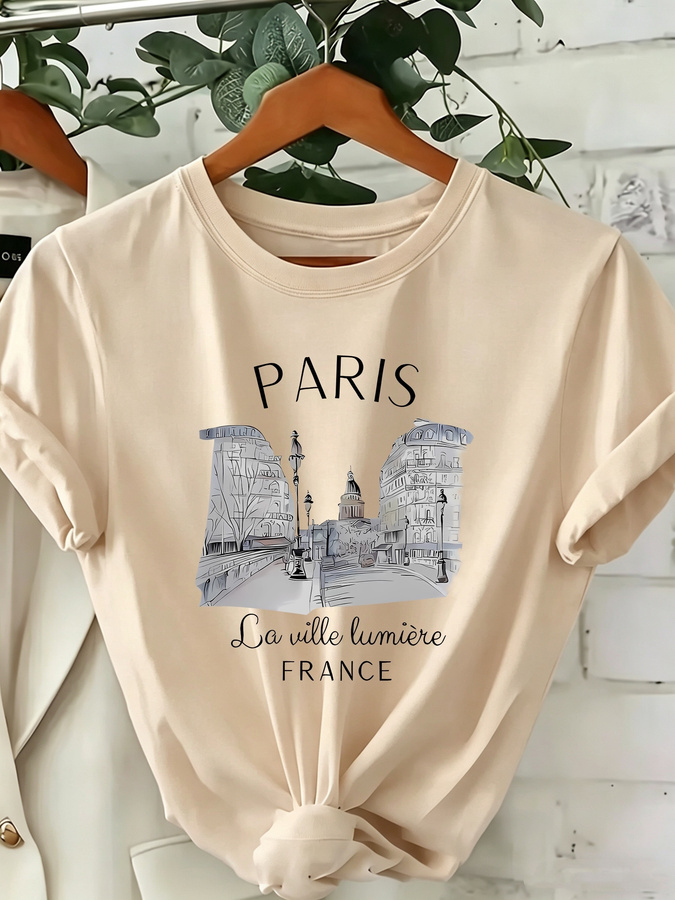 Street Fashion Paris 2025 - เสื้อยืดคอกลมลายพิมพ์ปารีสสำหรับผู้หญิง - เสื้อแขนสั้นทรงหลวมสบายๆ พร้อมลายหอไอเฟลและตัวอักษรภาษาฝรั่งเศส