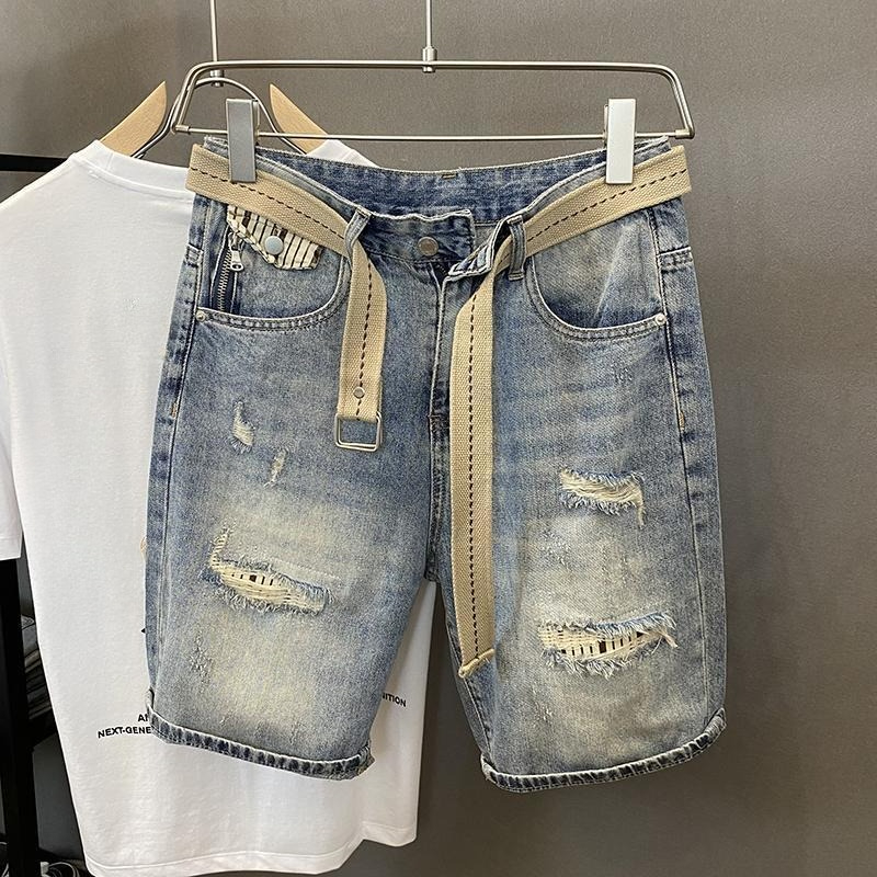 Distressed Jean Rip - Light Blue Ripped Baggy กางเกงยีนส์สั้นกางเกงสําหรับชายครึ่งปุ่ม Man
