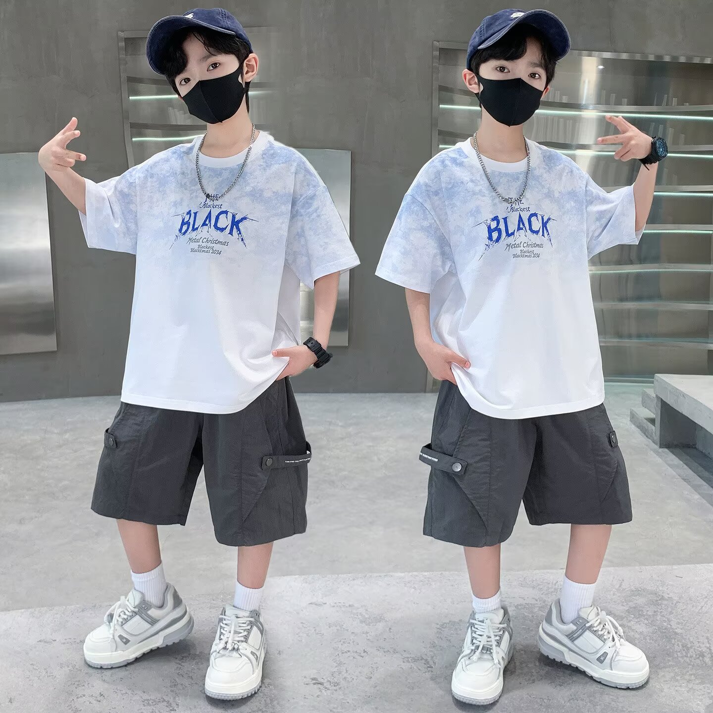 Street Fashion Japan 2025 - ชุดสูทเด็กผู้ชายฤดูร้อนใหม่ 120-170 ญี่ปุ่น แฟชั่นสตรีทเด็ก เสื้อยืดพิมพ์ลาย กางเกงขาสั้น