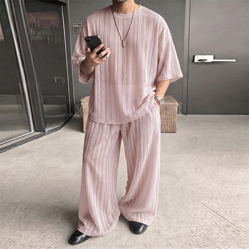 Street Fashion Clothes - ชุดเซ็ตผู้ชาย INCERUN เสื้อยืดแขนสั้นลายทางโปร่งแสงพร้อมกางเกง ชุดสองชิ้น สไตล์สตรีทแวร์ ทรงหลวม