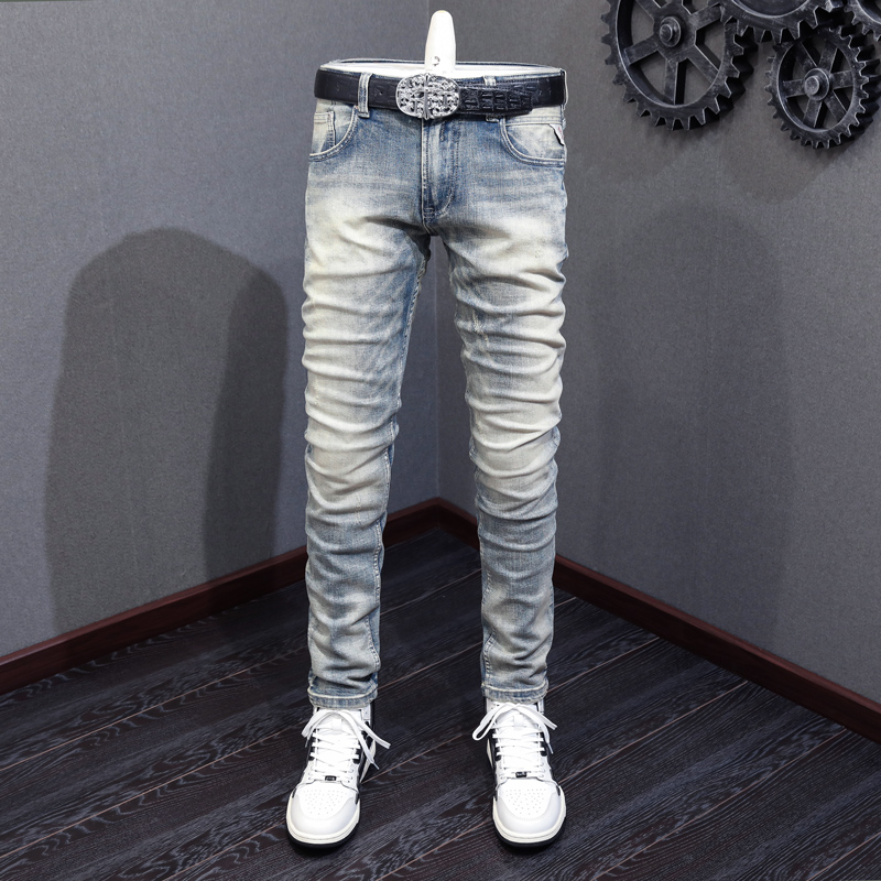 Distressed Jean Rip - อิตาเลี่ยนผู้ชายแฟชั่นกางเกงยีนส์สีเทา Slim Fit Retro กางเกงยีนส์แต่งลายขาดๆผู้ชาย Vintage