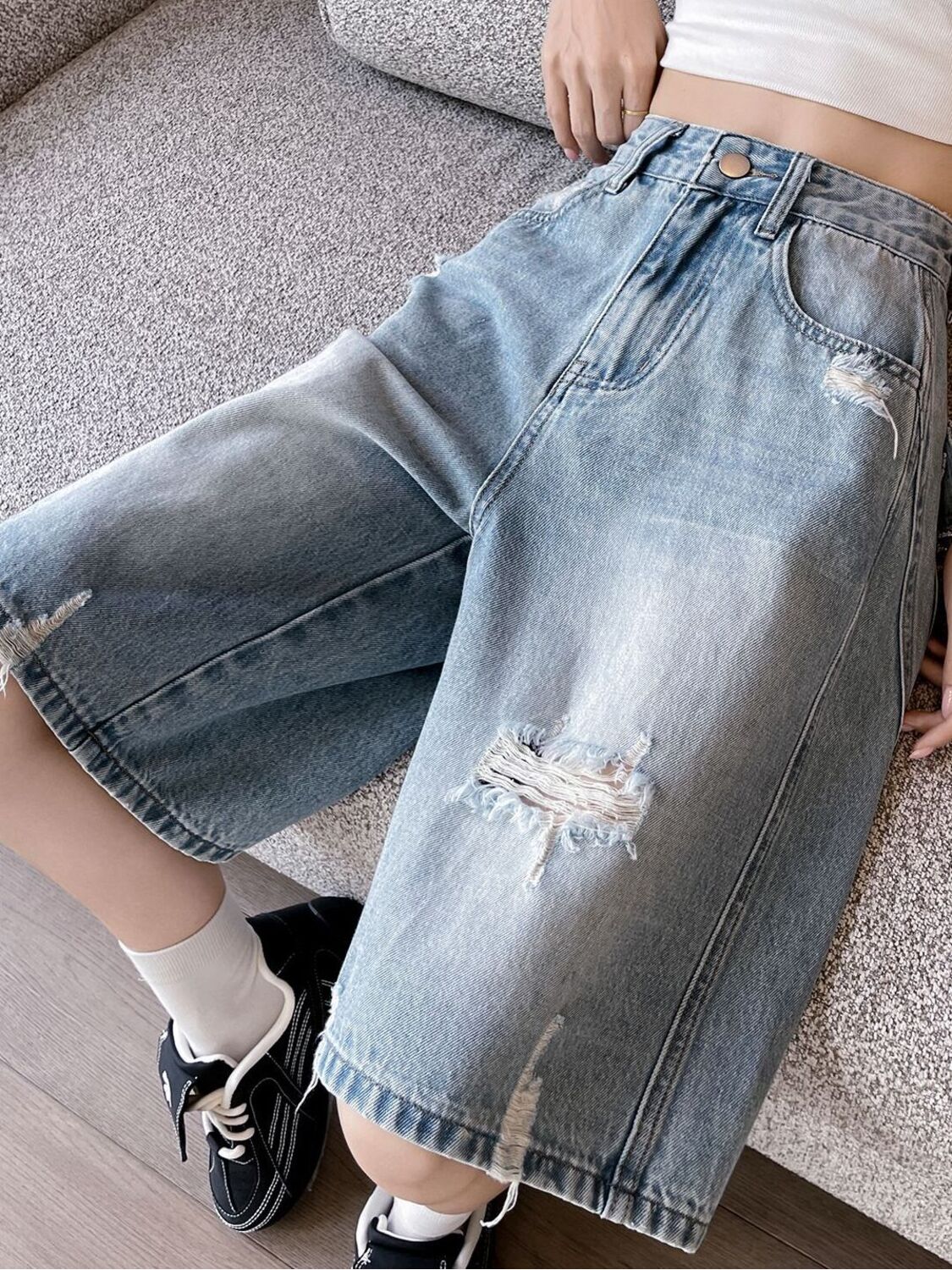 Distressed Jean Rip - กางเกงยีนส์ขาสั้นเอวสูงทรงหลวมสำหรับผู้หญิง แต่งขาดสไตล์วินเทจ ล้างสีแบบลำลอง เหมาะสำหรับฤดูร้อน สไตล์ Y2K