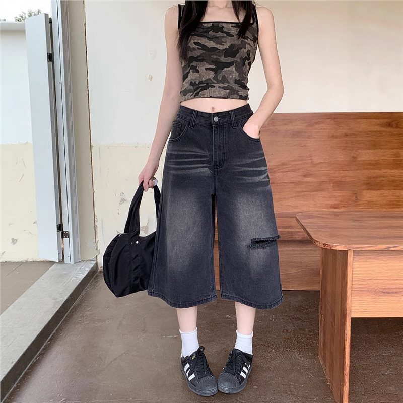Distressed Jean Rip - กางเกงยีนส์ขาดรุ่ยทรงขาสั้น ความยาวครึ่งน่อง สำหรับผู้หญิง สไตล์วินเทจ ลุคสตรีทแวร์ Y2K
