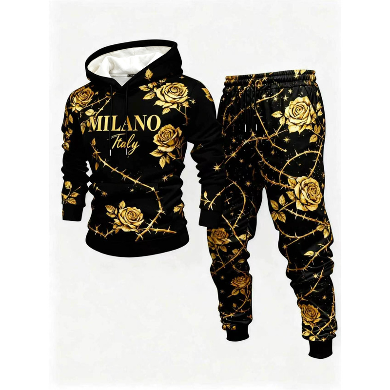 Street Fashion In Milan - เสื้อฮู้ดดีไซน์สำหรับผู้ชายมีลวดลายทันสมัยและลายกุหลาบสีทองบนท้องถนนลำลองของเมืองมิลาน ประเทศอิตาลี