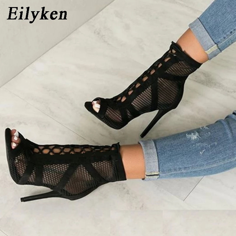 Street Fashion Show - Eilyken รองเท้าส้นสูงสุดเซ็กซี่มีสายผ้าสำหรับโชว์ตาข่ายดำแฟชั่นโชว์รองเท้าเปิดนิ้วเท้ามีเชือกผูก