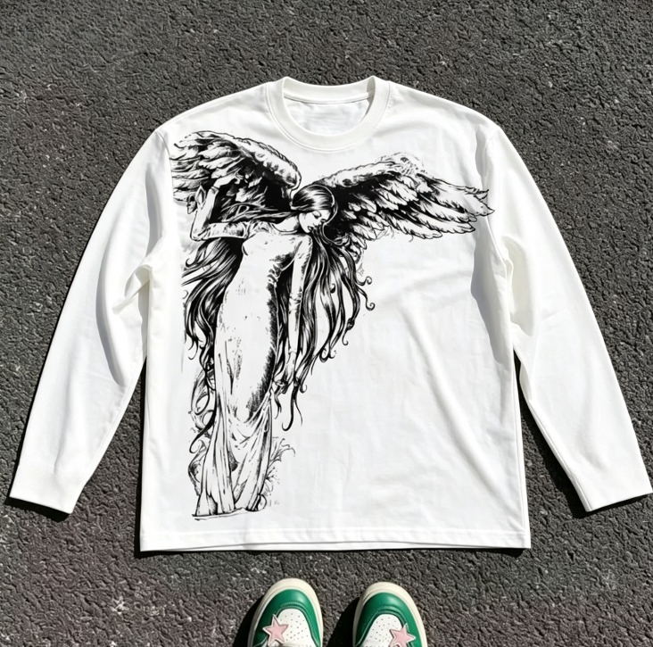 Street Fashion Clothes - เสื้อยืดแขนยาวลายปีกสไตล์กอธิค ผ้าโพลีเอสเตอร์ คอกลม ทรงหลวม เสื้อสตรีทแวร์ลำลอง ใส่ได้ทั้งชายและหญิง