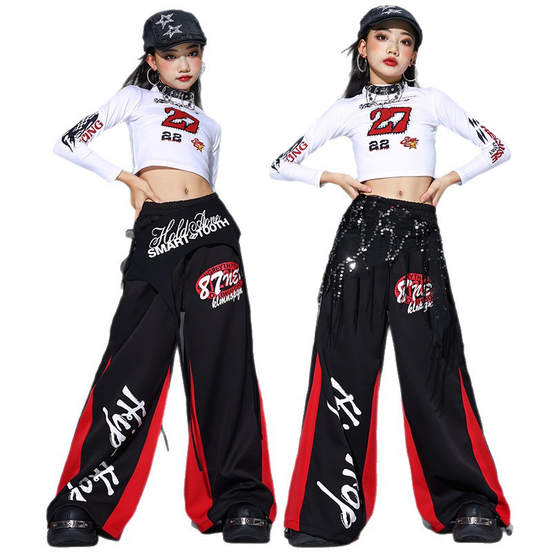 Street Fashion Show - 2025 เสื้อผ้าเต้นรำแจ๊สสาวเคป๊อปชุดแสดงบนเวทีเสื้อครอปสีแดงกางเกงฮิปฮอปเด็กแฟชั่นเสื้อผ้าเต้นรำแนวสตรีท