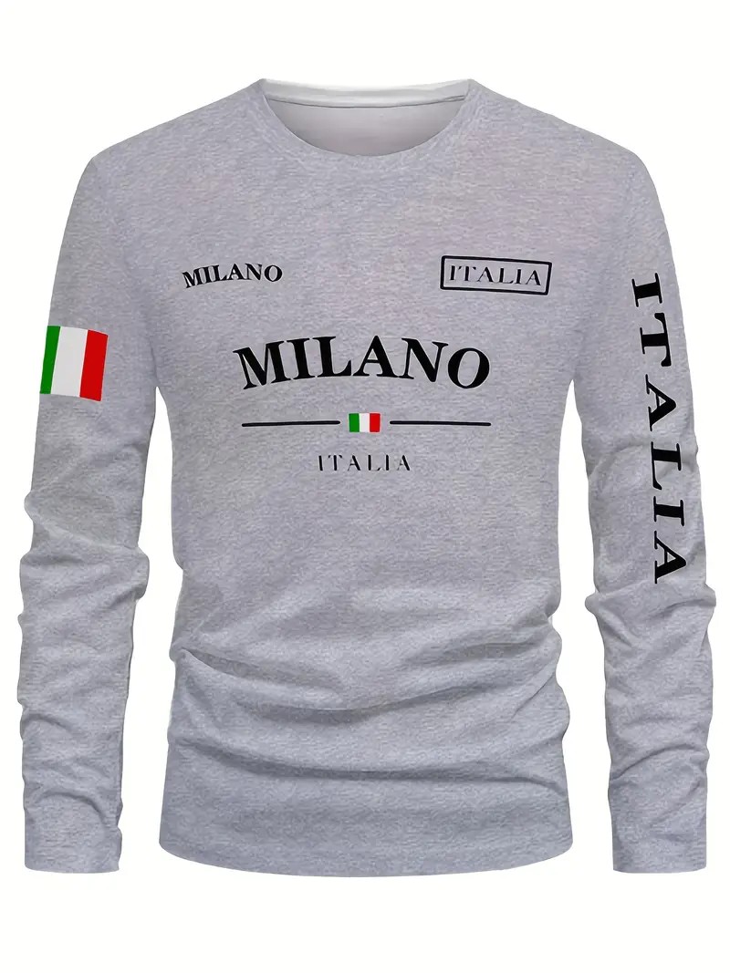 Street Fashion In Milan - เสื้อยืดแขนยาวผู้ชาย ฤดูใบไม้ผลิ/ฤดูร้อน 2026 สไตล์มินิมอลแฟชั่นสตรีท ลายตัวอักษรมิลาน พิมพ์ลาย