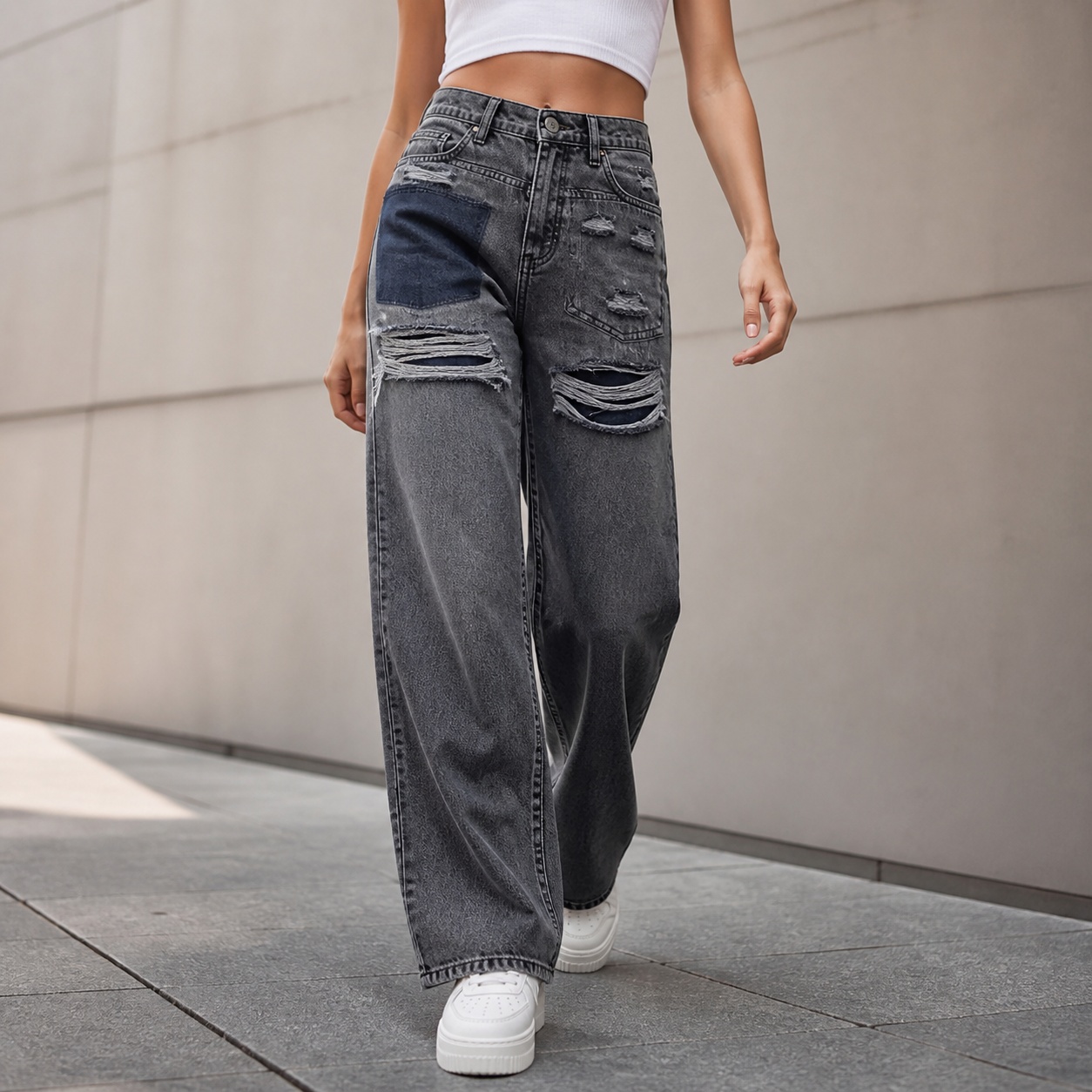 กางเกงยีนส์เดนิมทรงหลวมเอวกลาง - Distressed Jean Rip บทวิจารณ์และราคา