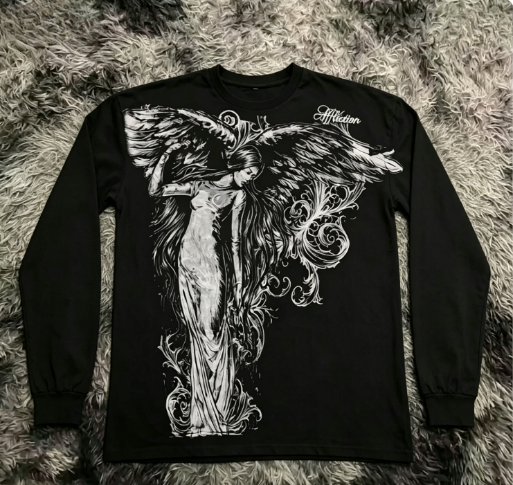 เสื้อยืดแขนยาวลายปีกสไตล์กอธิค - Street Fashion Clothes บทวิจารณ์และราคา