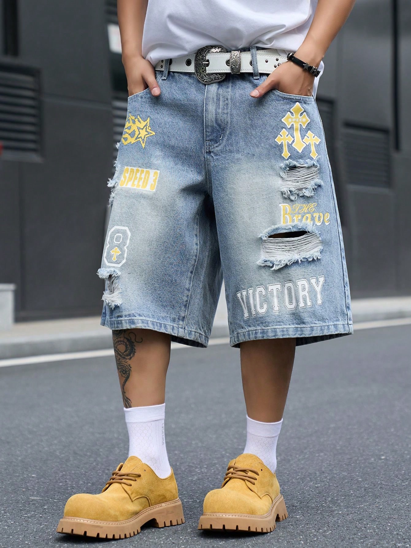 กางเกงยีนส์ขาสั้นทรงหลวมสำหรับ - Distressed Jean Rip บทวิจารณ์และราคา
